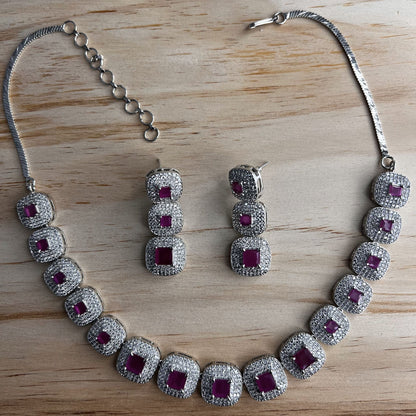 Fashion - Trendy Square Design Ruby Pink AD/CZ Stone Necklace Set