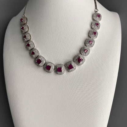 Fashion - Trendy Square Design Ruby Pink AD/CZ Stone Necklace Set