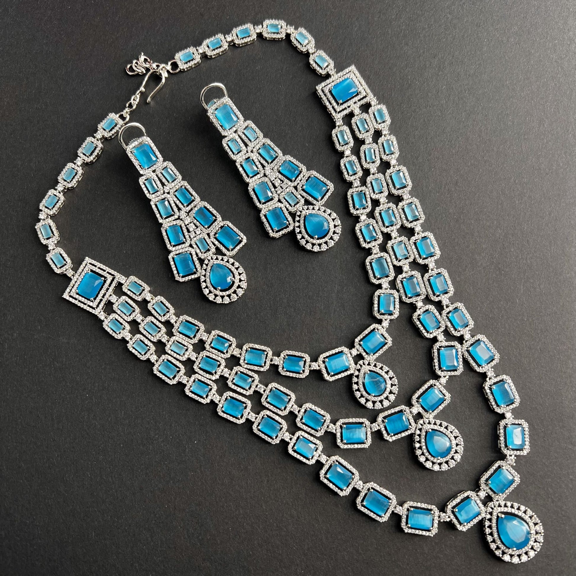 Fashion - Designer Festive Style Aqua Blue Color AD/CZ Necklace Set With Rhodium Plating