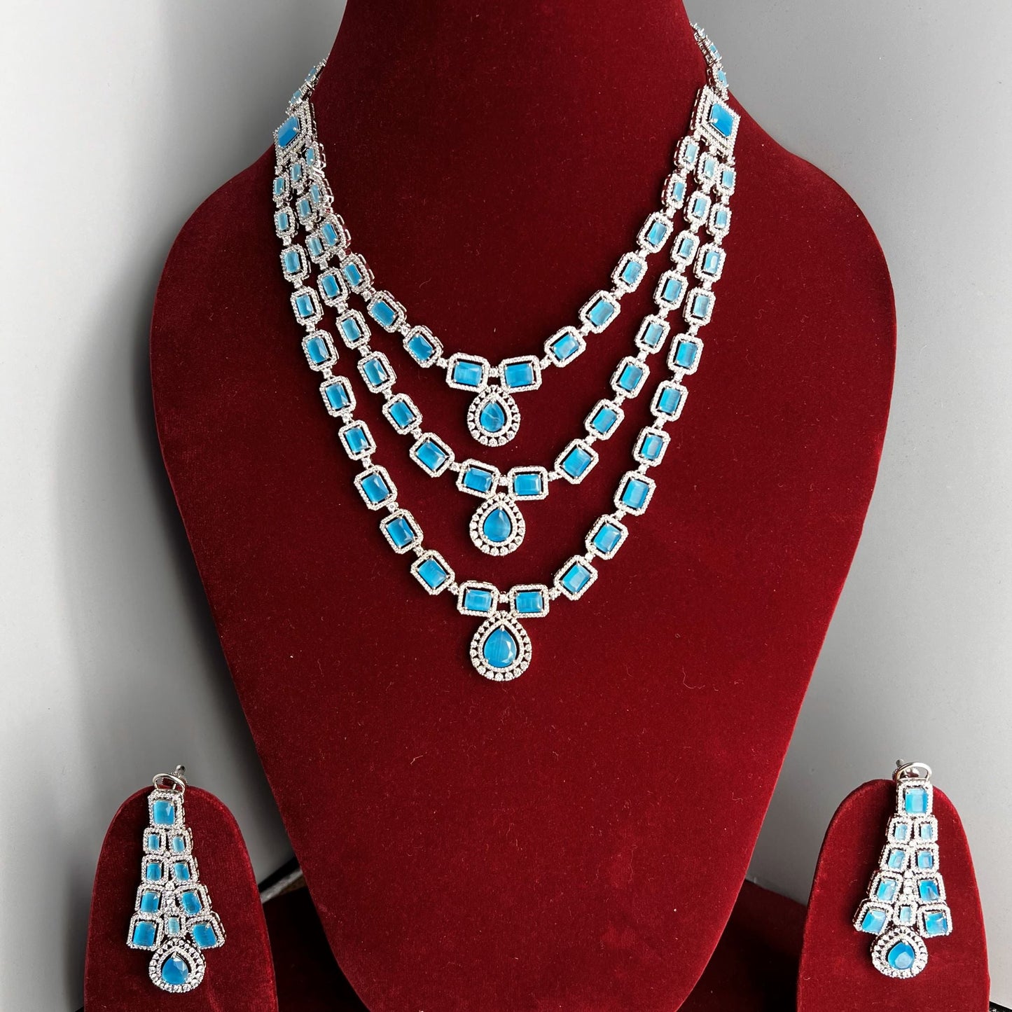 Fashion - Exclusive Designer 3 Layer Aqua Blue Color AD/CZ Stone Necklace Set