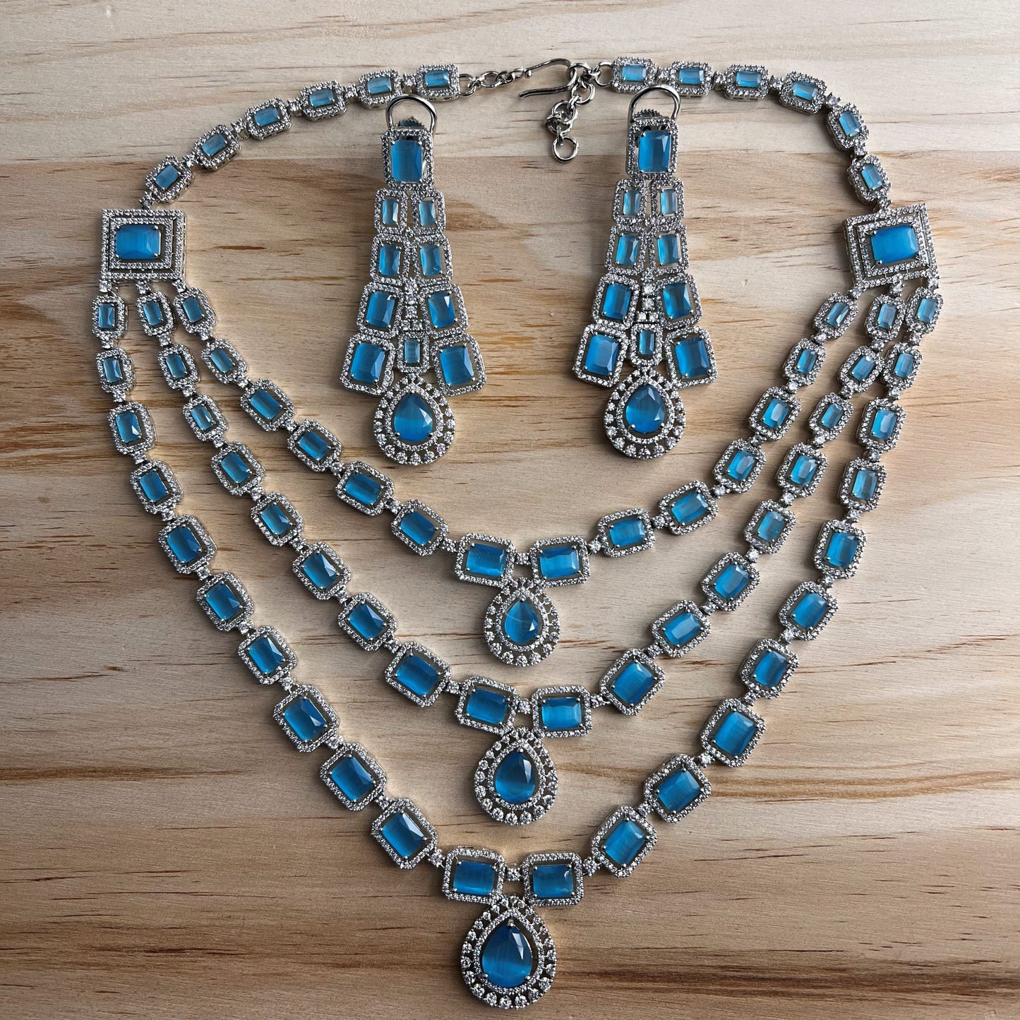 Fashion - Exclusive Designer 3 Layer Aqua Blue Color AD/CZ Stone Necklace Set