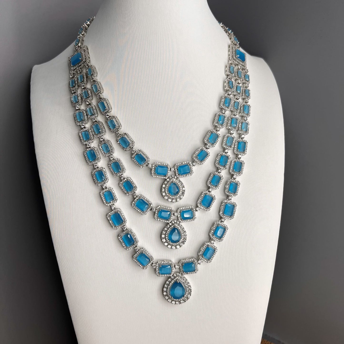 Fashion - Exclusive Designer 3 Layer Aqua Blue Color AD/CZ Stone Necklace Set