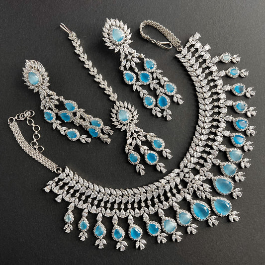 Fashion - Designer Festive Style Aqua Blue Color AD/CZ Jewelry Set With Rhodium Plating