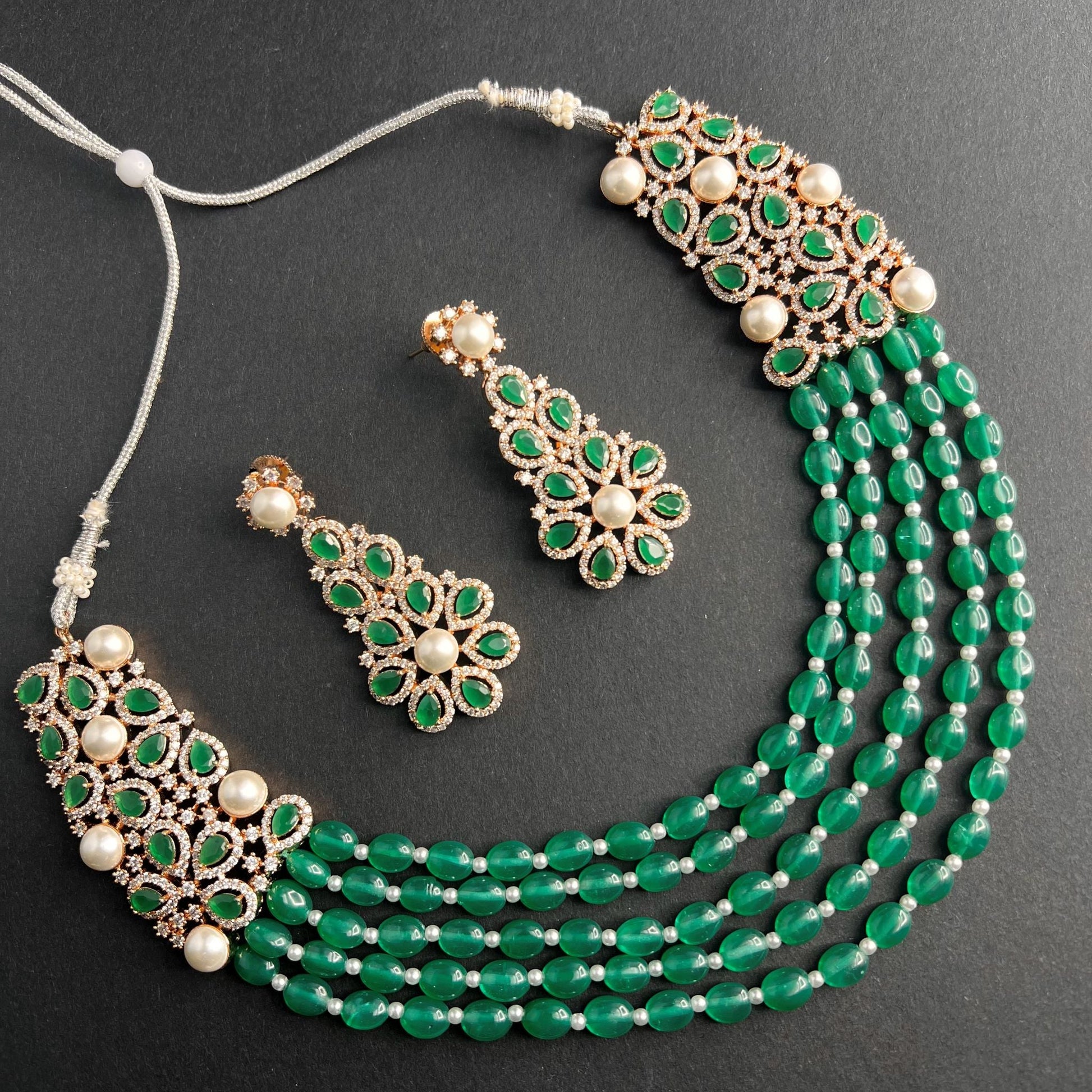 Fashion - Designer Festive Style Green Color AD/CZ, Bead Mix Necklace Set With Rose Gold Tone Plating