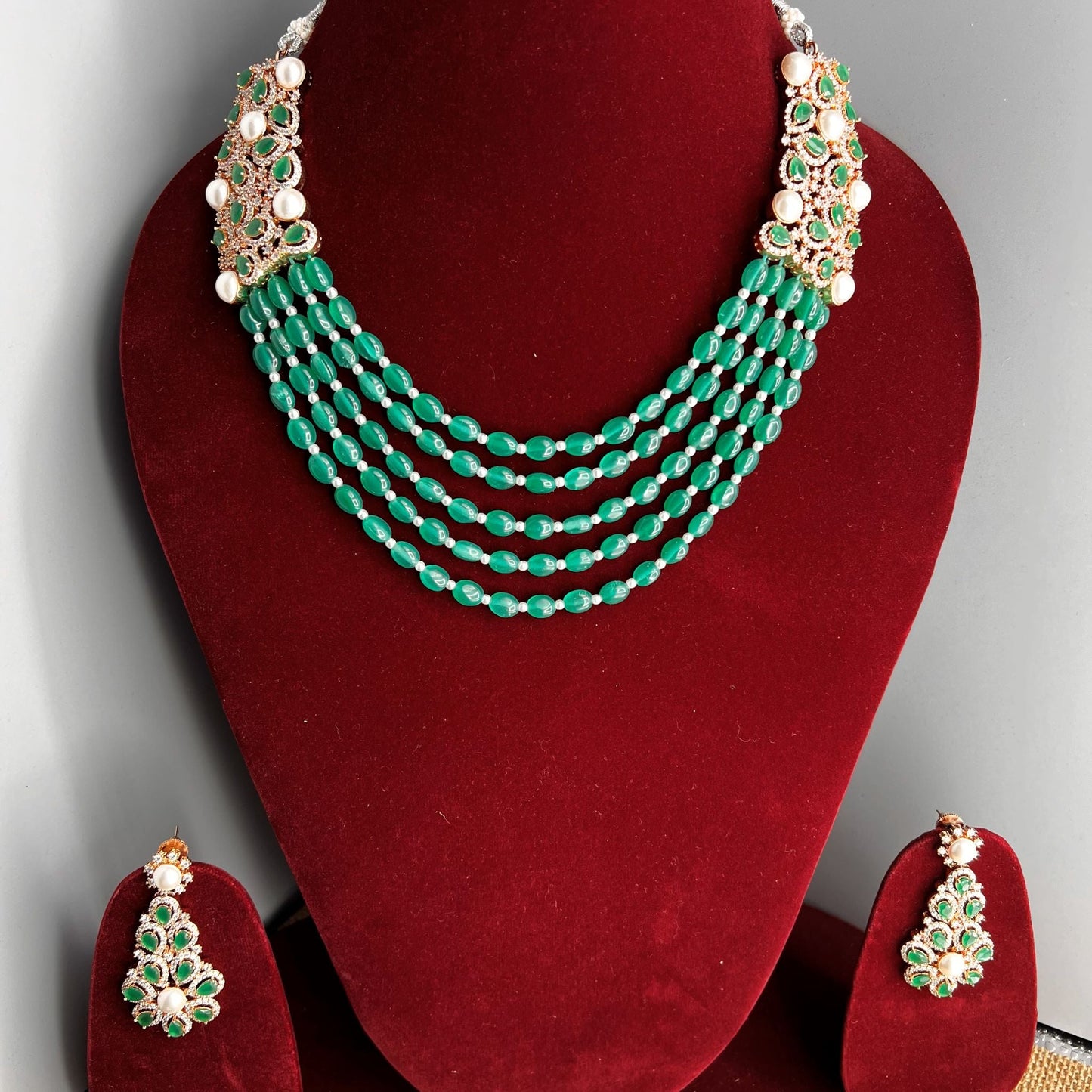 Fashion - Gorgeous Designer Festive Emerald Green AD/CZ Stone, Bead Mix Necklace Set