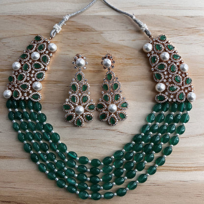 Fashion - Gorgeous Designer Festive Emerald Green AD/CZ Stone, Bead Mix Necklace Set