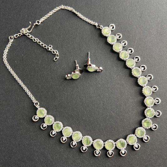 Fashion - Dainty Style Mint Green Color AD/CZ Necklace Set With Rhodium Plating