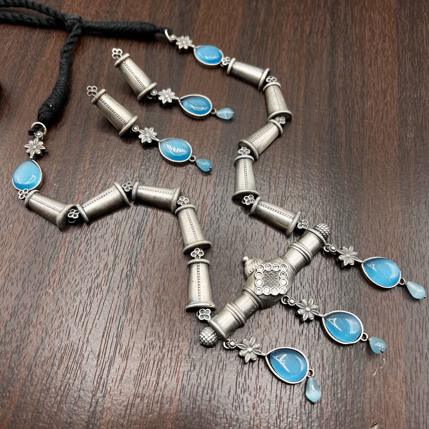 Fashion - Designer Trendy Style Aqua Blue Color Oxidized Necklace Set With Oxidized Silver Tone Plating