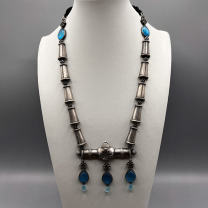 Fashion - Silver Replica Designer Trendy Aqua Blue Oxidized Long Necklace Set