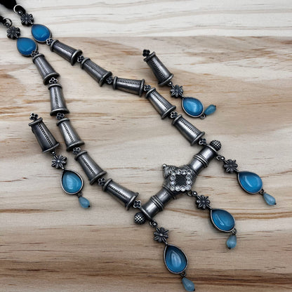 Fashion - Silver Replica Designer Trendy Aqua Blue Oxidized Long Necklace Set