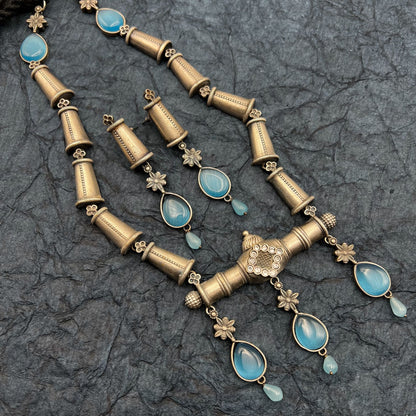 Fashion - Silver Replica Designer Trendy Aqua Blue Oxidized Long Necklace Set