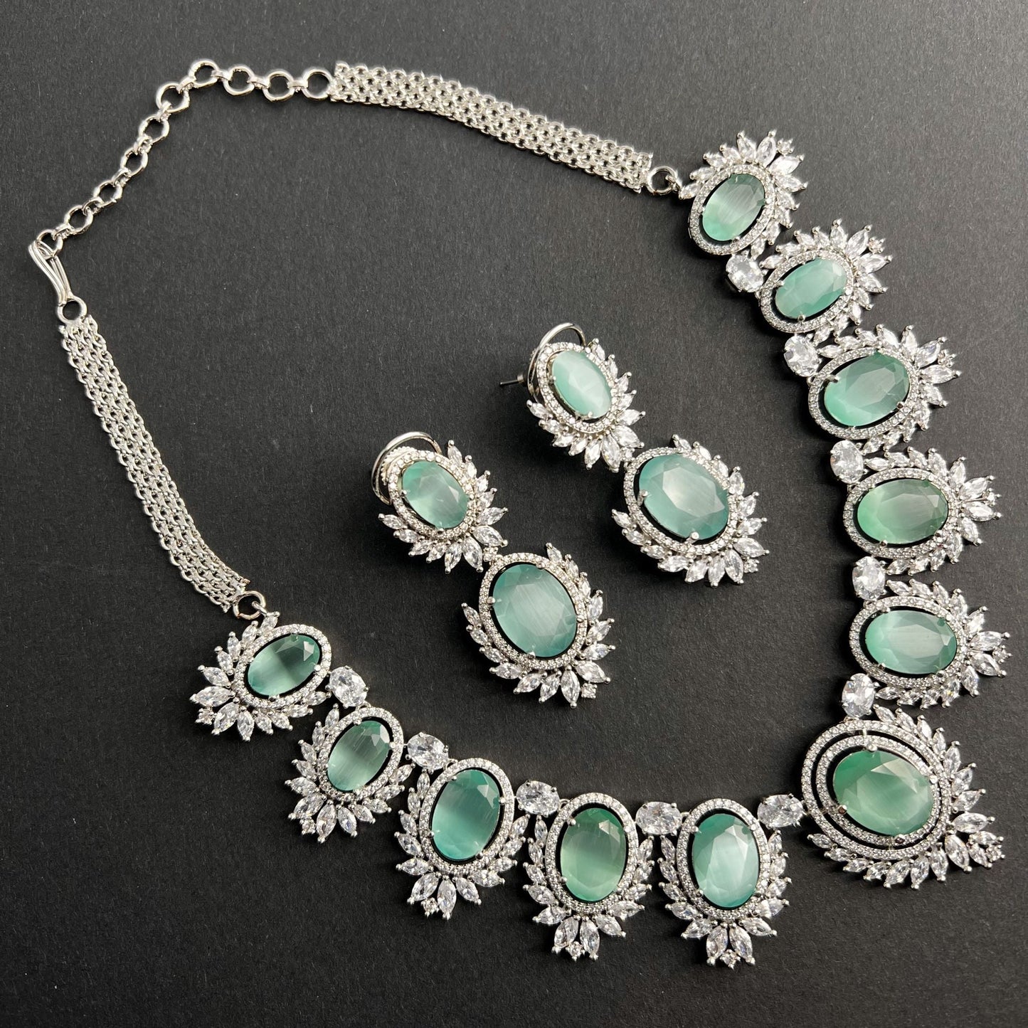 Fashion - Classic Style Mint Green Color AD/CZ Necklace Set With Rhodium Plating