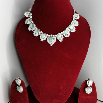 Fashion - Classy Eye Catching Mint Green AD/CZ Stone Necklace Set