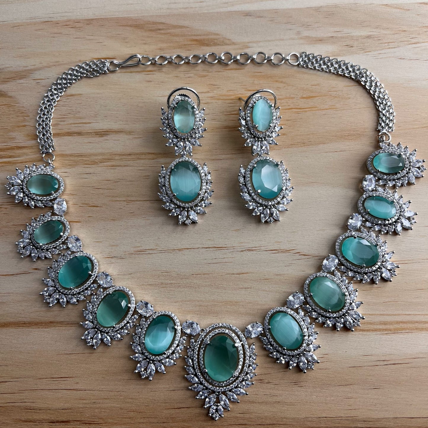 Fashion - Classy Eye Catching Mint Green AD/CZ Stone Necklace Set