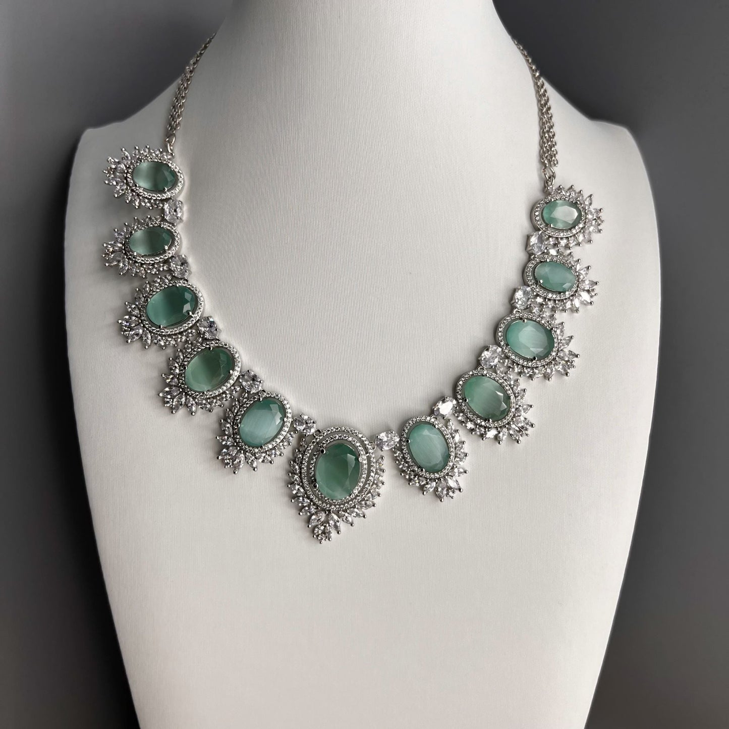 Fashion - Classy Eye Catching Mint Green AD/CZ Stone Necklace Set