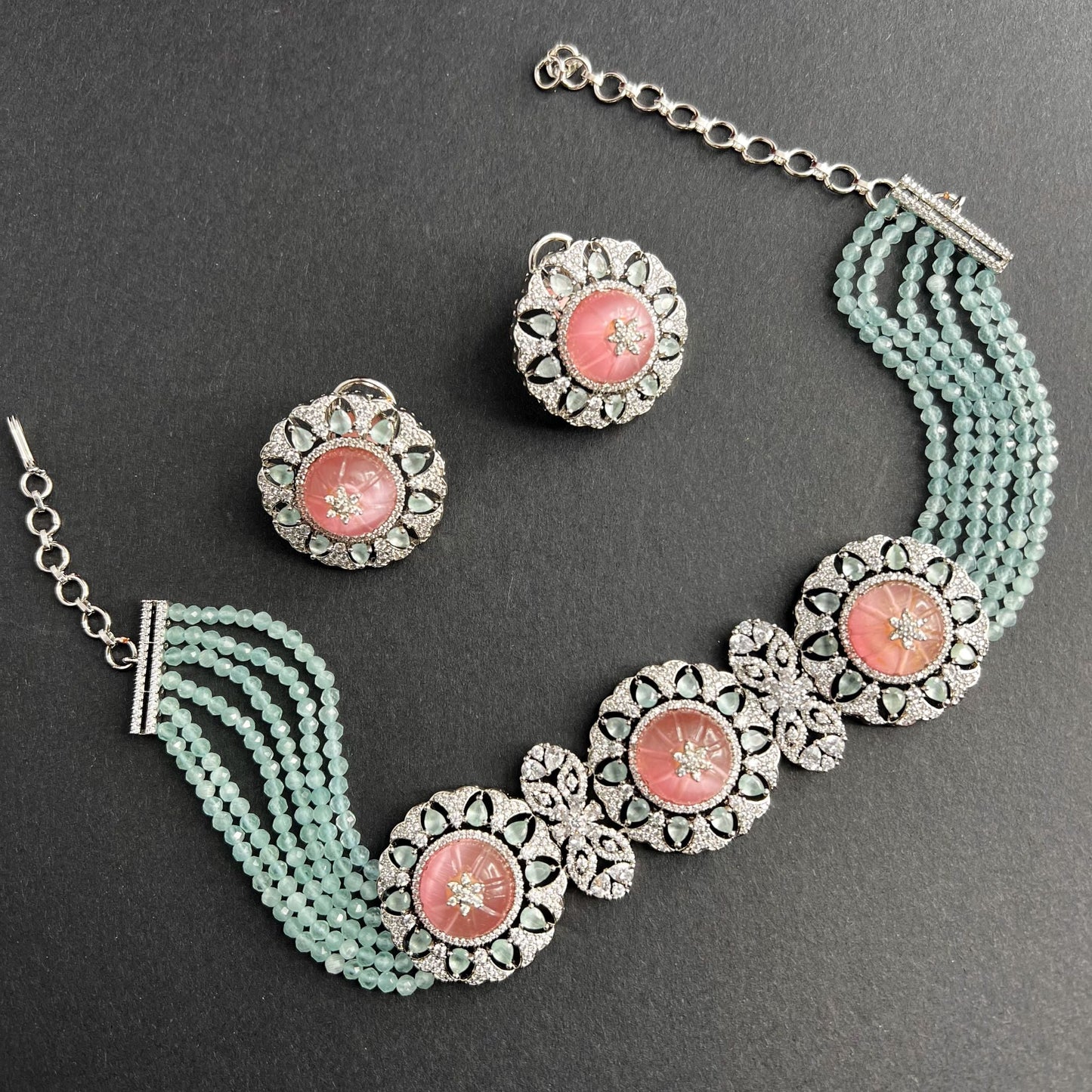 Fashion - Designer Trendy Style Mint Green, Pink Color AD/CZ, Bead Mix Necklace Set With Rhodium Plating