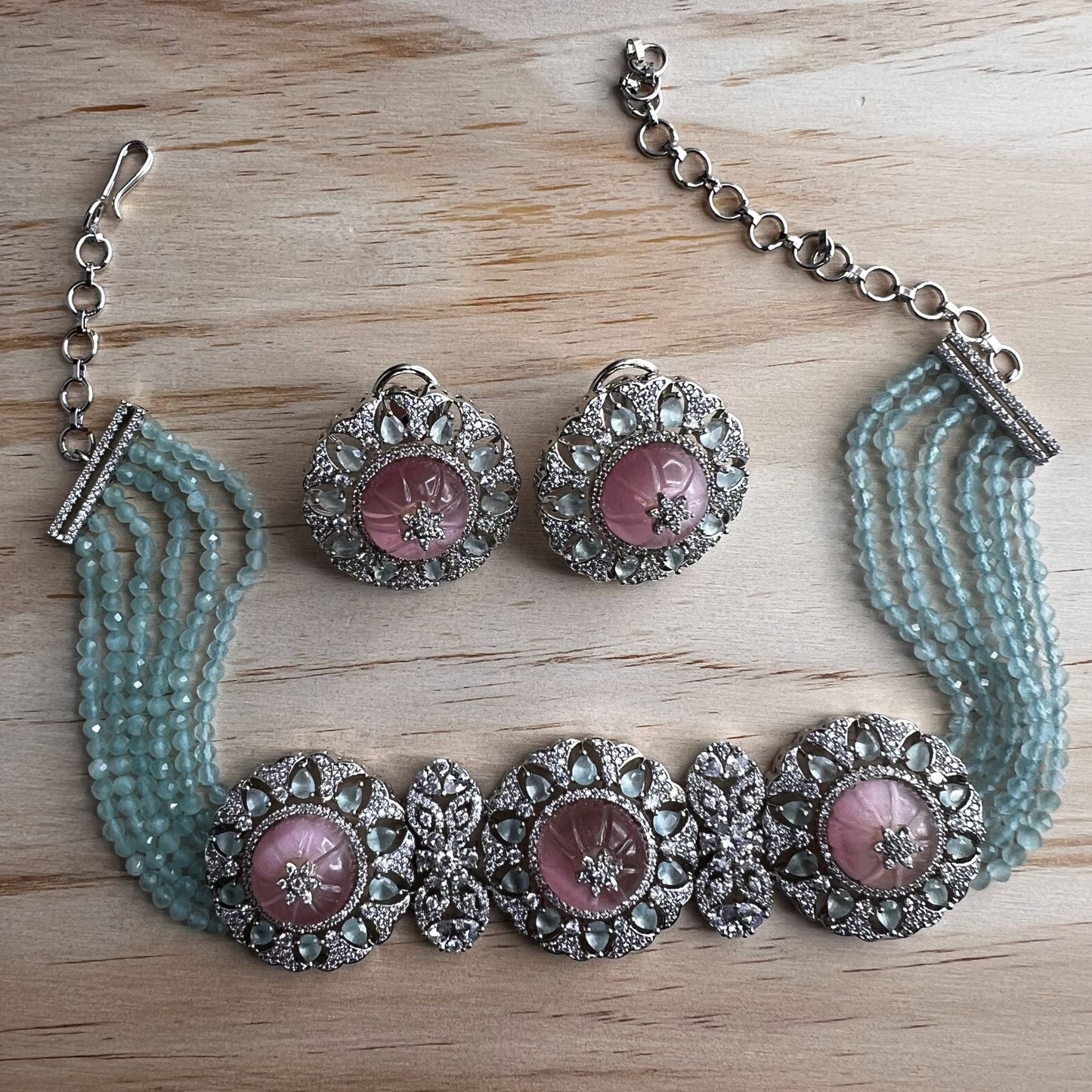 Fashion - One-of-a-kind Designer Mint Green & Carved Pink AD/CZ Stone & Inlay Work, Bead Mix Choker Necklace Set