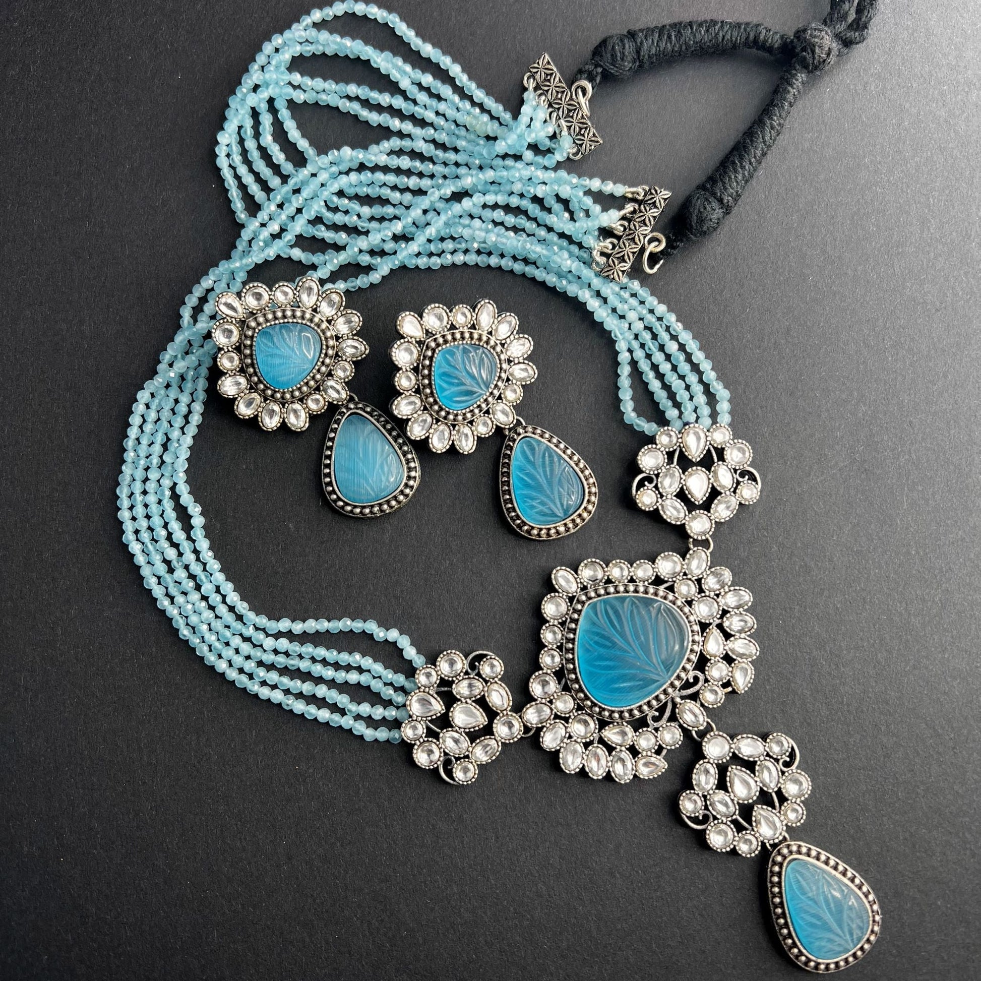 Fashion - Trendy Style Aqua Blue Color Oxidized, Bead Mix Necklace Set With Oxidized Silver Tone Plating