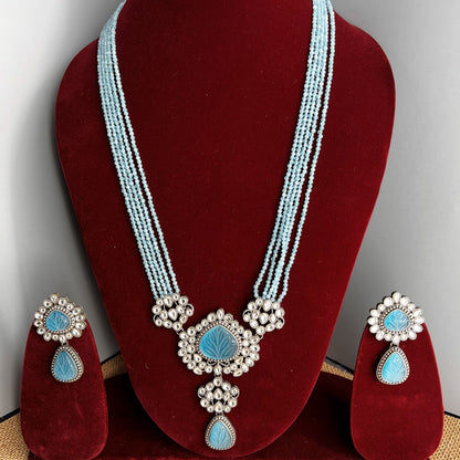 Fashion - Victorian Inspired Aqua Blue Oxidized, Bead Mix Long Necklace Set