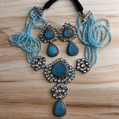 Fashion - Victorian Inspired Aqua Blue Oxidized, Bead Mix Long Necklace Set