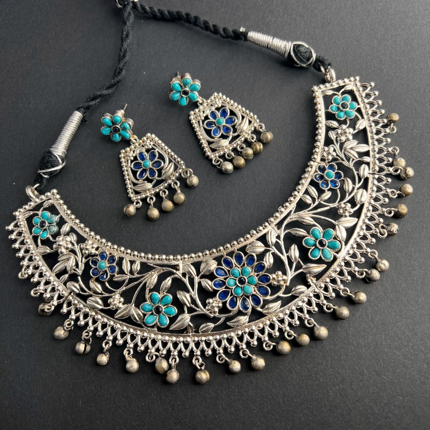 Fashion - Trendy Style Aqua Blue Color Oxidized Necklace Set With Oxidized Silver Tone Plating