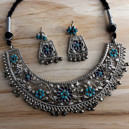 Fashion - Unique Floral Design Aqua Blue Oxidized Necklace Set