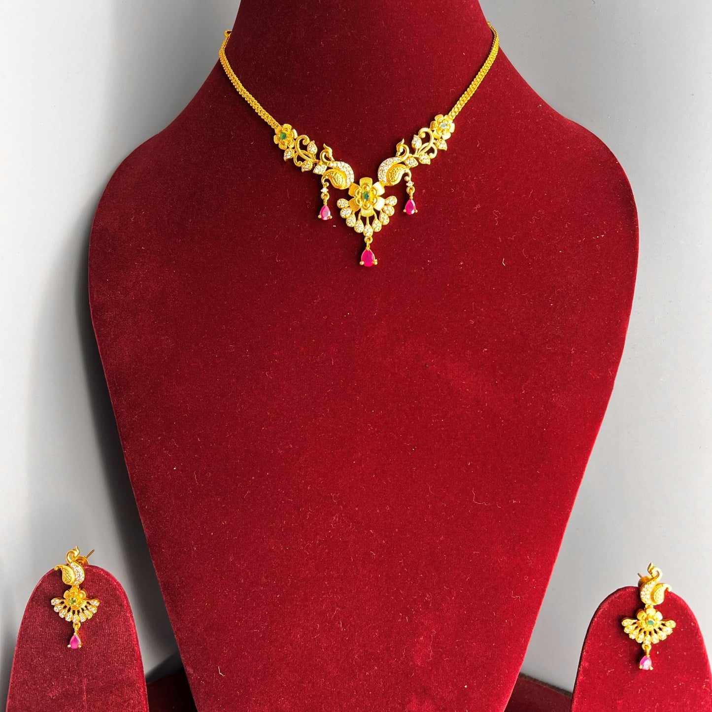 Fashion - Dainty Peacock Design Ruby Pink Antique Traditional Necklace Set