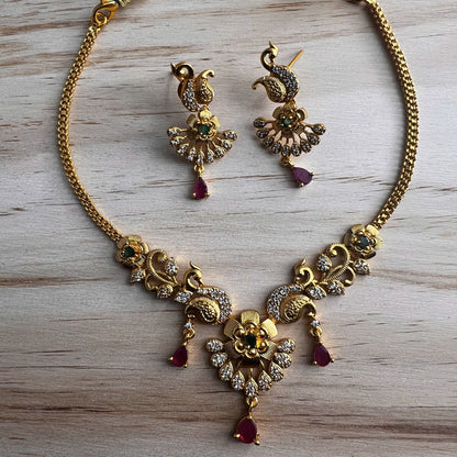 Fashion - Dainty Peacock Design Ruby Pink Antique Traditional Necklace Set