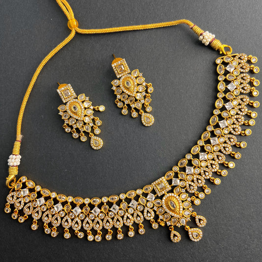 Fashion - Classic Style White Color Antique Traditional Necklace Set With Gold Tone Plating