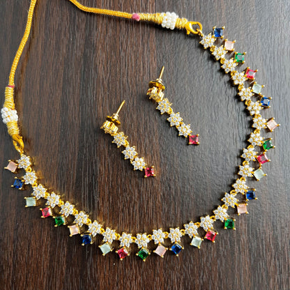 Fashion - Dainty Style Multi Color AD/CZ Necklace Set With Gold Tone Plating