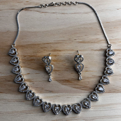 Fashion - Pretty Heart Shaped Motifs White AD/CZ Stone Necklace Set