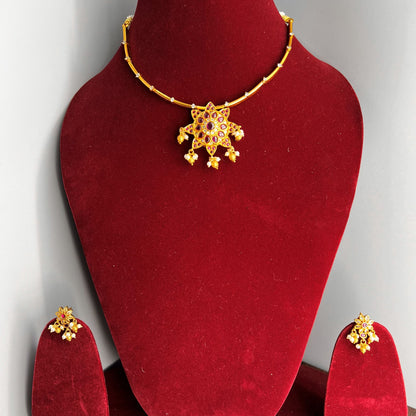 Fashion - Cuff/Hasli Style Red Color Antique Traditional Necklace Set