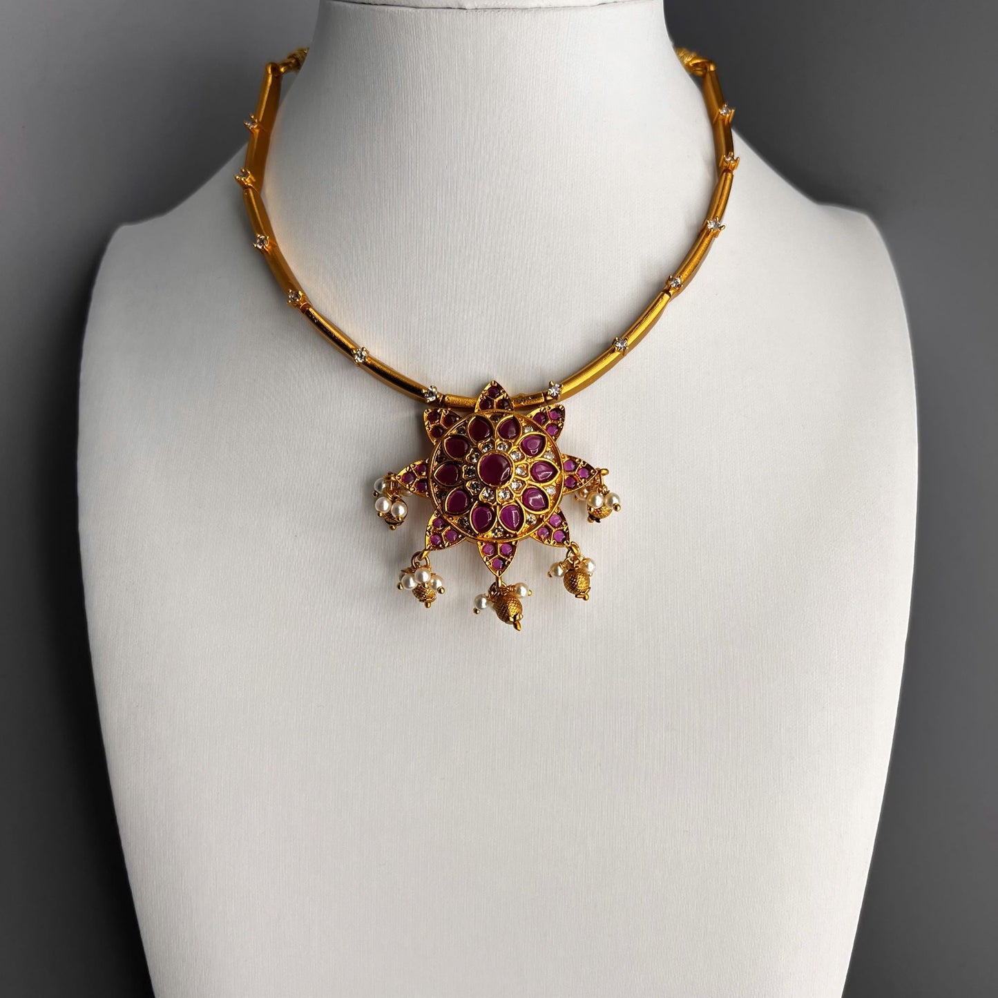 Fashion - Cuff/Hasli Style Red Color Antique Traditional Necklace Set