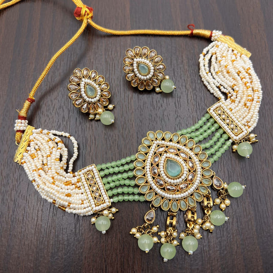 Fashion - Classic Style Mint Green Color Bead Mix Necklace Set With Mehndi Plating