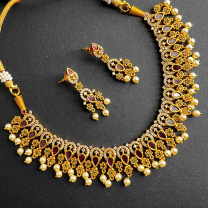 Fashion - Classic Style Ruby Pink Color Antique Traditional Necklace Set With Gold Tone Plating