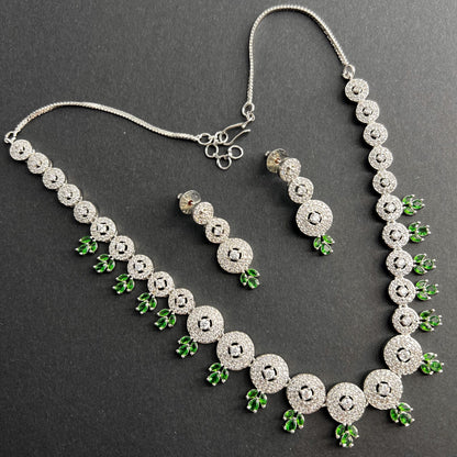 Fashion - Dainty Style Parrot Green Color AD/CZ Necklace Set With Silver Tone Plating