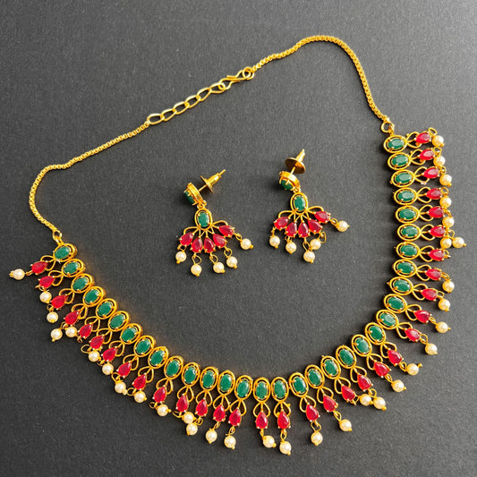 Fashion - Classic Style Ruby Pink, Green Color Antique Traditional Necklace Set With Gold Tone Plating