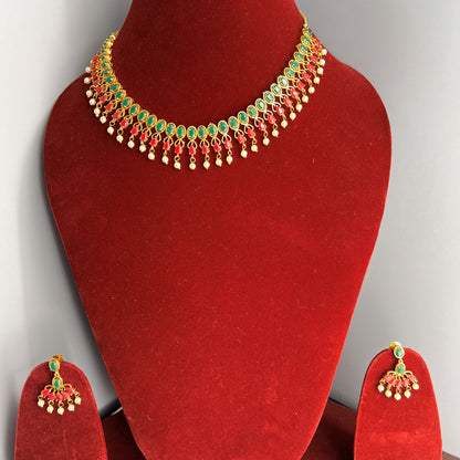 Fashion - Classic Ruby Pink & Green Color Antique Traditional Necklace Set