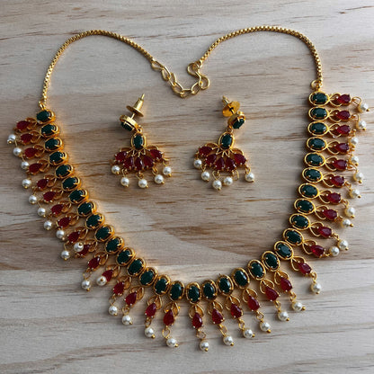 Fashion - Classic Ruby Pink & Green Color Antique Traditional Necklace Set