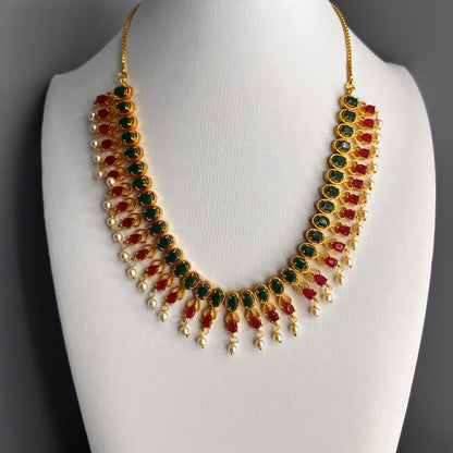 Fashion - Classic Ruby Pink & Green Color Antique Traditional Necklace Set