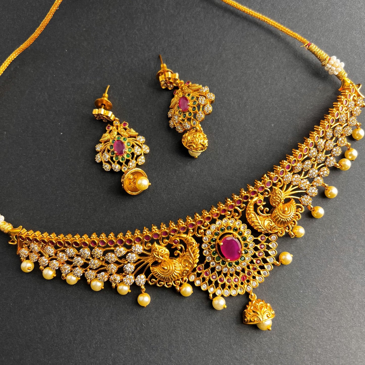 Fashion - Designer Classic Style Ruby Pink, Green Color Antique Traditional Necklace Set With Gold Tone Plating