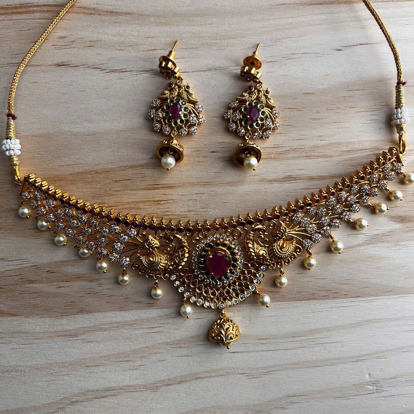 Fashion - Peacock Design Ruby Pink & Green Antique Traditional Choker Necklace Set