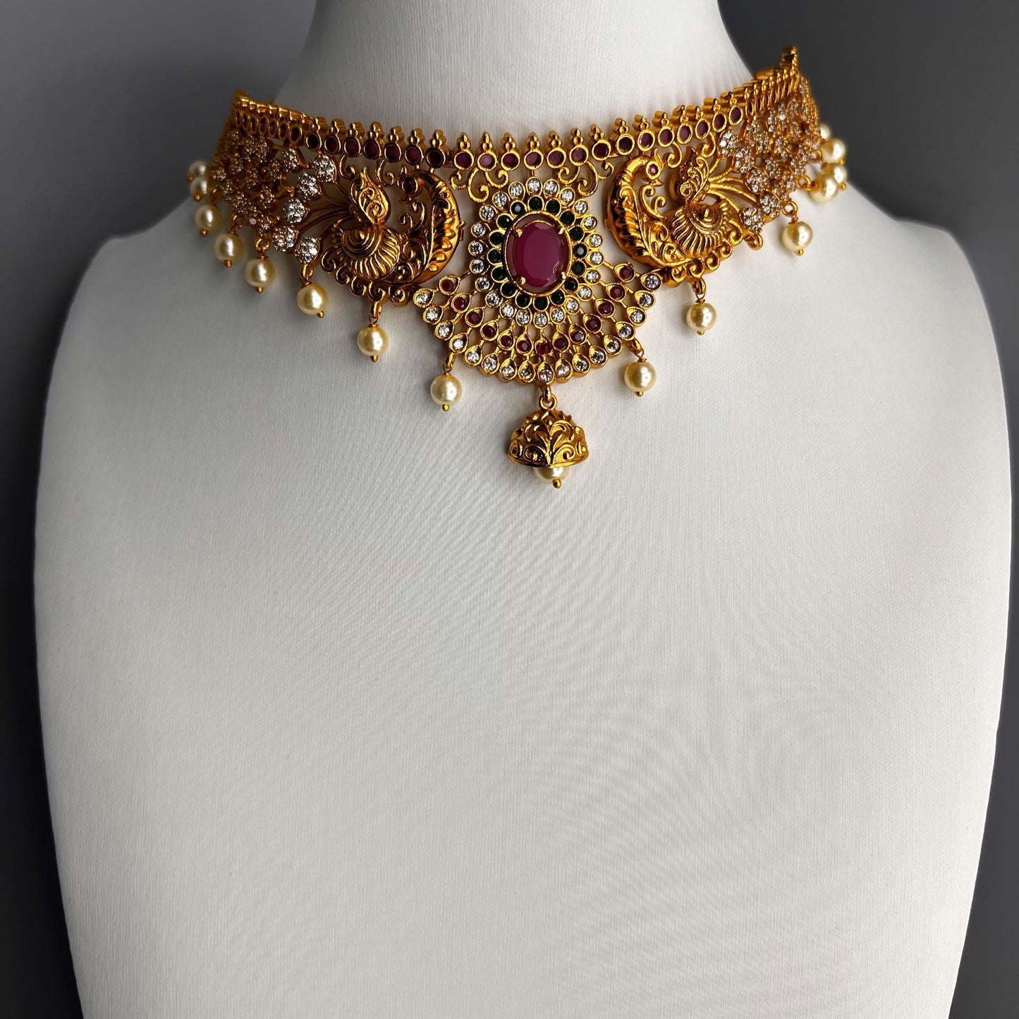 Fashion - Peacock Design Ruby Pink & Green Antique Traditional Choker Necklace Set