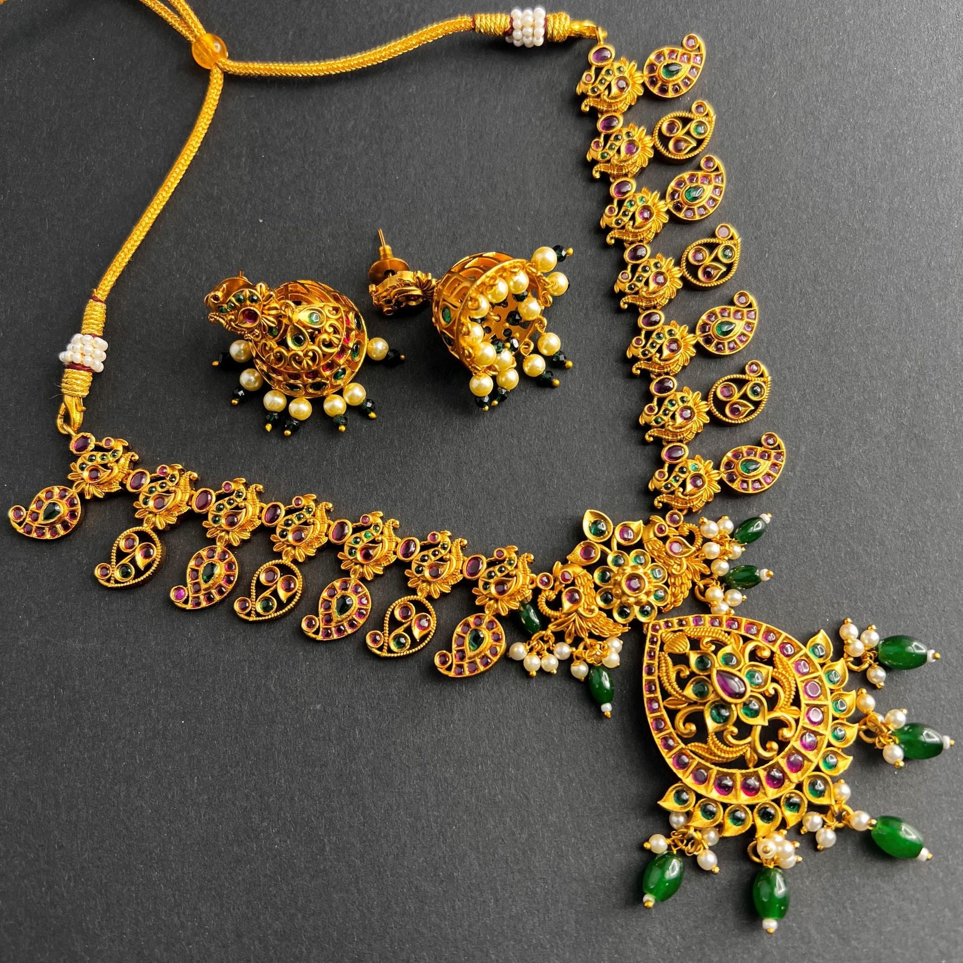 Fashion - Festive Style Ruby Pink, Green Color Antique Traditional Necklace Set With Gold Tone Plating