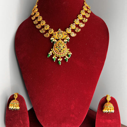 Fashion - Beautiful Festive Style Ruby Pink, Green Color Antique Traditional Necklace Set With Gold Tone Plating