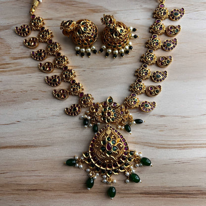 Fashion - Beautiful Festive Style Ruby Pink, Green Color Antique Traditional Necklace Set With Gold Tone Plating