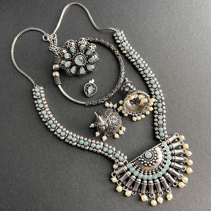 Fashion - Combo Trendy Style Light Blue Color Oxidized Jewelry Set With Oxidized Silver Tone Plating