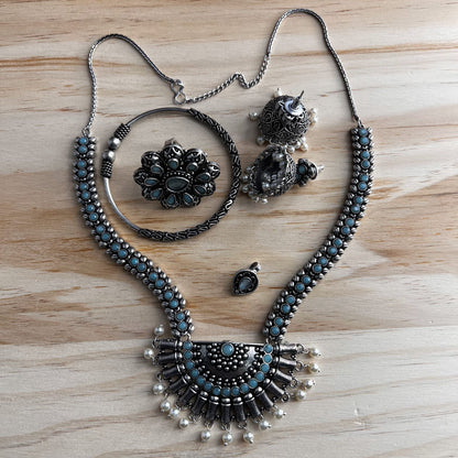 Fashion - Trendy Light Blue Oxidized Combo Jewelry Set