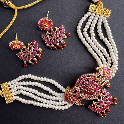 Fashion - Classic Style Ruby Pink Color Antique Traditional Necklace Set With Gold Tone Plating