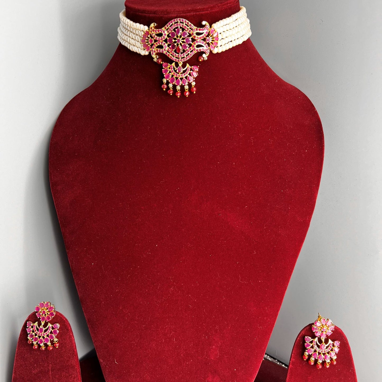 Fashion - Classic Ruby Pink & Pearl Antique Traditional, Bead Mix Choker Necklace Set